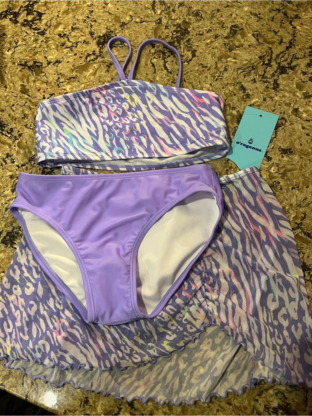 Gorgeous Girls' Lilac Animal-Print Bandeau Bikini Set with Skirt